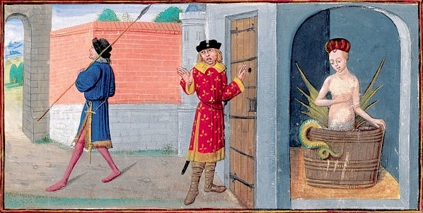 Medieval art of two men discovering a fish-tailed woman bathing in a barrel